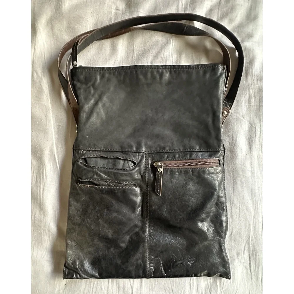 HOBO Slouchy Leather Fold Over Crossbody Purse Bag Black & Brown